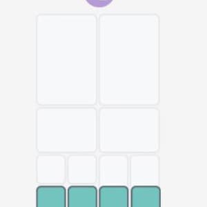 May include: A graphic layout featuring a light purple circle with the white text +B at the top. Below, a grid of eight white rectangular slots is arranged in rows, with the four bottom slots filled in with a solid teal color and rounded corners.