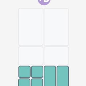 May include: A digital layout template featuring a light purple circle with the white text +D at the top. Below are two large white vertical rectangles, two smaller white rectangles, and six teal rectangles arranged in a grid with rounded corners.