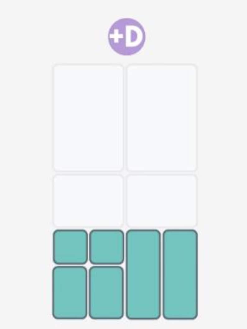 May include: A digital layout template featuring a light purple circle with the white text +D at the top. Below are two large white vertical rectangles, two smaller white rectangles, and six teal rectangles arranged in a grid with rounded corners.