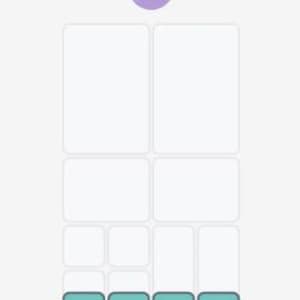 May include: A digital layout template featuring a light purple circle with the white text +A at the top. The grid consists of two large vertical rectangles, two medium horizontal rectangles, and a bottom row of four teal square icons.