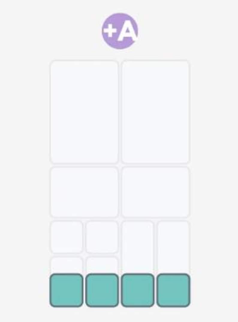 May include: A digital layout template featuring a light purple circle with the white text +A at the top. The grid consists of two large vertical rectangles, two medium horizontal rectangles, and a bottom row of four teal square icons.