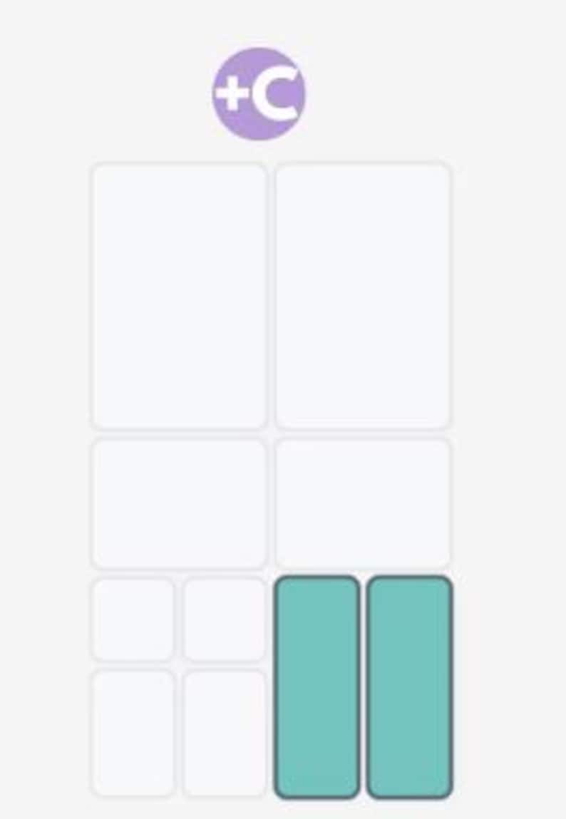May include: A digital interface layout featuring a purple circular icon with the text +C at the top. Below, a grid of ten rectangular slots is arranged in rows. Two of the bottom-right rectangles are filled with a solid teal color, while the others remain white with thin gray borders.