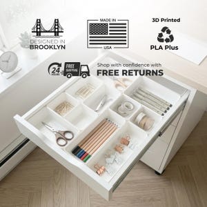 Modular Drawer Organization Dividers for IKEA ALEX Desk | Custom Storage Organizer | Desk Drawer Inserts for Office, Craft & Home, make up organizer, bathroom drawer organizer, desk organizer, kitchen storage, kitchen organization, bathroom organizer, drawer inserts, May include: A white drawer organizer with multiple compartments. The drawer contains hair accessories, pens, and other small objects. The text on the image reads Modular Design & Perfect Fit for IKEA Alex Drawer