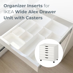 May include: A set of white plastic organizer inserts arranged inside an open drawer. The text reads: Organizer Inserts for IKEA Wide Alex Drawer Unit with Casters. A circular inset shows a white six-drawer storage unit with black casters.