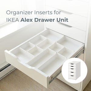 May include: A white IKEA Alex drawer unit with an open drawer containing multiple white plastic organizer inserts. The text "Organizer Inserts for IKEA Alex Drawer Unit" is visible, along with a small circular inset showing the full unit.