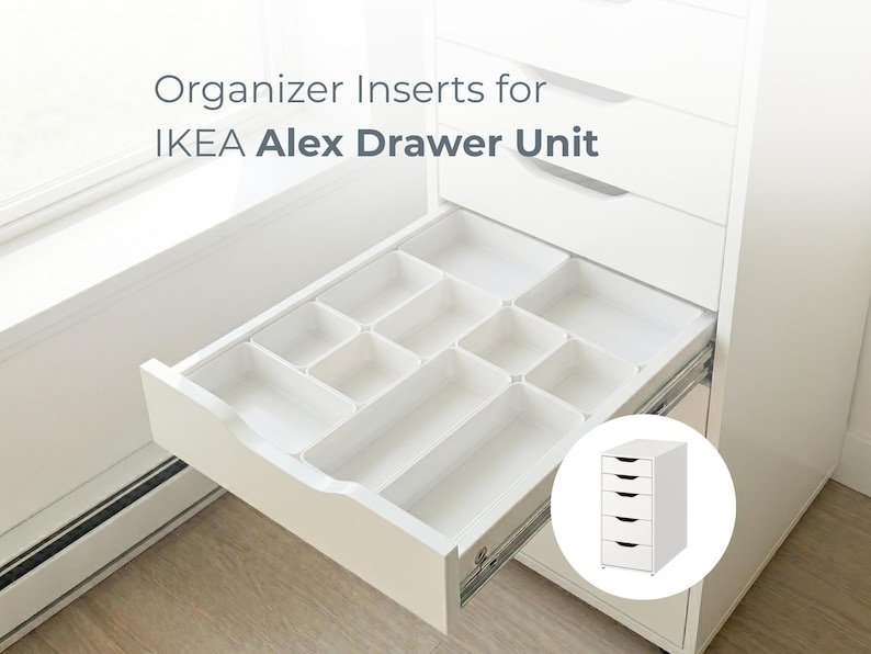 May include: A white IKEA Alex drawer unit with an open drawer containing multiple white plastic organizer inserts. The text "Organizer Inserts for IKEA Alex Drawer Unit" is visible, along with a small circular inset showing the full unit.
