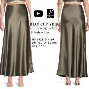 Digital PDF Sewing Pattern + Instruction: Bias Cut Midi Skirt – Minimalist High-Waist Flowing Silhouette - Beginner - Size US 0 - 26