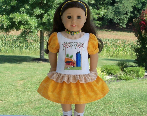 Fits Like American Girl Doll Clothes / Farmcookies Embroidered Fall Doll Dress / 18 Inch Doll Clothes For American Girl