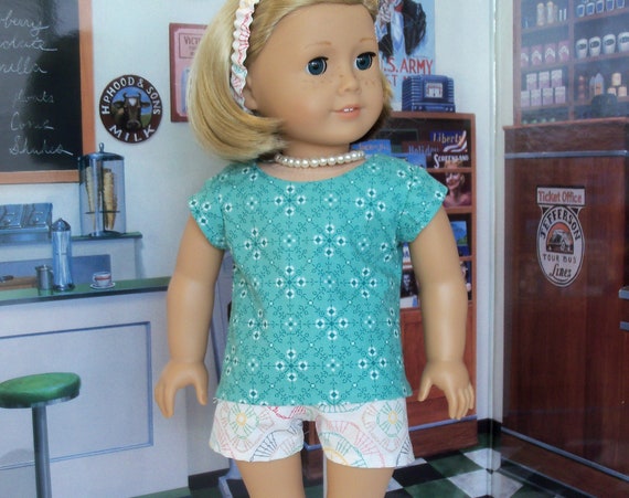 Fits Like American Girl Doll Clothes / Farmcookies 3 Piece Summer Set- Shorts, Top and Headband / 18 Inch Doll Clothing For American Girl