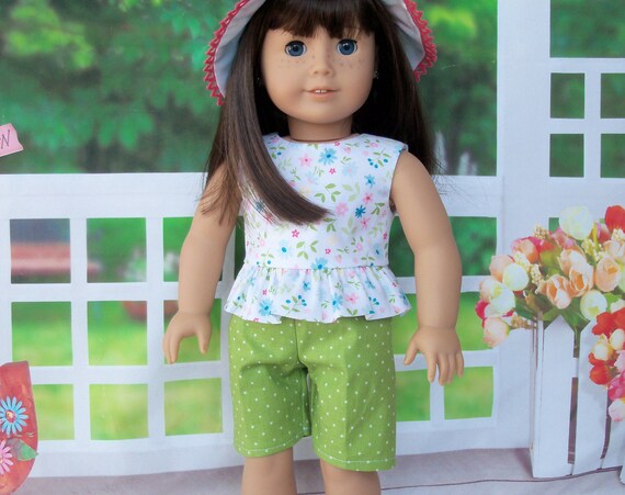 Fits Like American Girl Doll Clothes / 3 Piece Summer Set- Shorts, Top and Hat / 18 Inch Doll Clothes by Farmcookies for American Girl