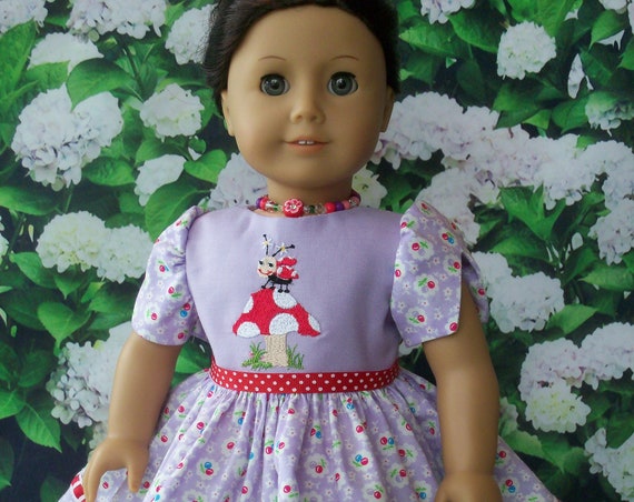 Fits Like American Girl Doll Clothes / Embroidered Lady Bug Dress and Necklace by Farmcookies /18 Inch Doll Clothes For American Girl