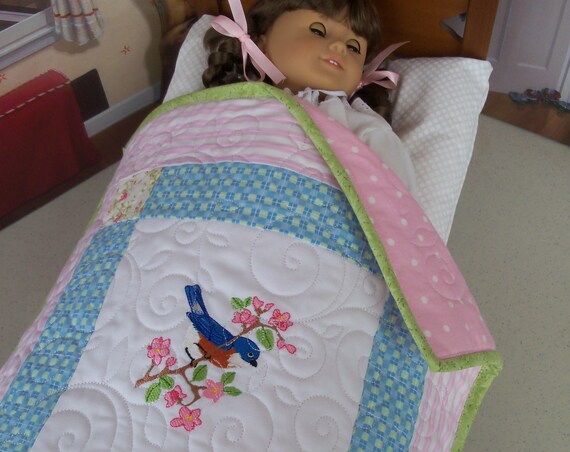 Farmcookies Embroidered Keepsake Bluebird Heirloom Quilt for 18" American Girl Doll / Like American Girl Doll Clothes and Bedding