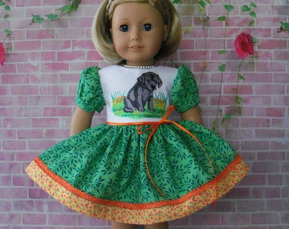 Fits Like American Girl Doll Clothes / Embroidered Spring Puppy Dress by Farmcookies / 18 Inch Doll Clothes For American Girl