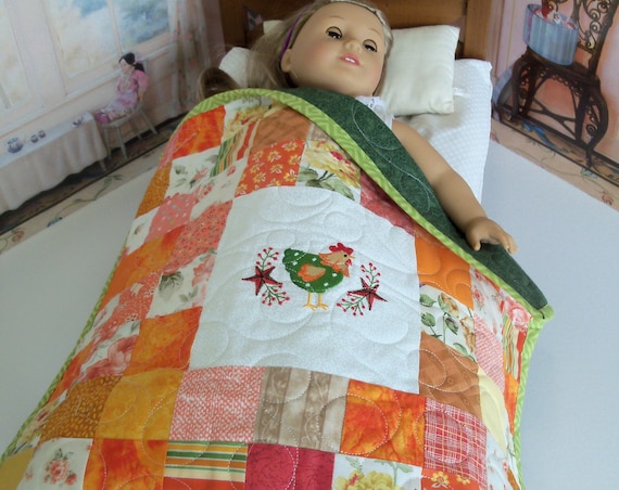 Farmcookies Embroidered Keepsake Country Chicken Heirloom Quilt for 18" American Girl Doll / Like American Girl Doll Clothes and Bedding