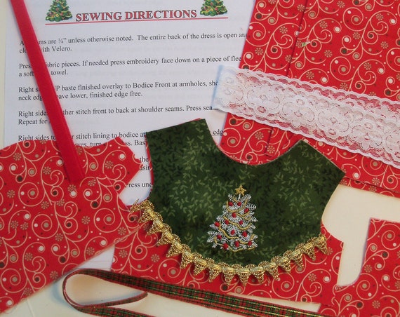 18" Size /COMPLETE SEWING KiT for 18 Inch Doll Clothes / Embroidered Christmas Dress Kit / for American Girl Doll