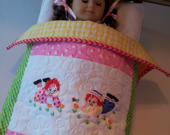 Farmcookies Embroidered Keepsake Raggedy Ann Heirloom Quilt for 18" American Girl Doll / Like American Girl Doll Clothes and Bedding