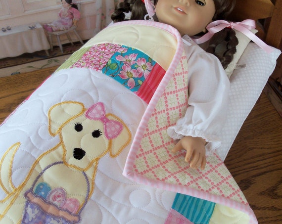 Farmcookies Embroidered Keepsake Heirloom Easter Quilt for 18" American Girl Doll / Like American Girl Doll Clothes and Bedding