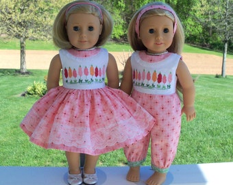 Fits Like American Girl Doll Clothes / Farmcookies 18 Inch Embroidered Doll Dress and Romper / 18" Dress For American Girl Doll