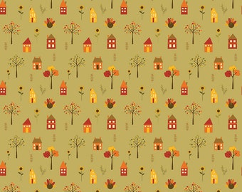 NEW! 1/2 Yard Small Scale Doll Clothes Fabric /  Fall's In Town Village Green by Sandy Gervais for Riley Blake / Item Number: C13512-GREEN