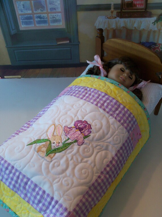 Farmcookies Embroidered Bunny Keepsake Heirloom Quilt for 18" American Girl Doll / Like American Girl Doll Clothes and Bedding