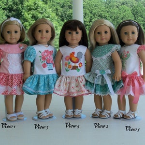 May include: Five dolls wearing different dresses with embroidered details. The dolls are standing on a white surface with the words "View 1", "View 2", "View 3", "View 4", and "View 5" written below them.