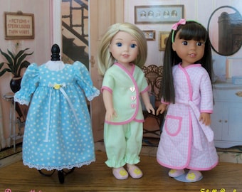 May include: Sewing pattern for 14 inch Wellie Wishers dolls. The pattern is titled "Wellie Sweet Dreams" and includes three different sleepwear designs: a blue and white polka dot nightgown, a green and pink striped pajama set, and a pink and white gingham robe. The skill level is listed as "Easy".