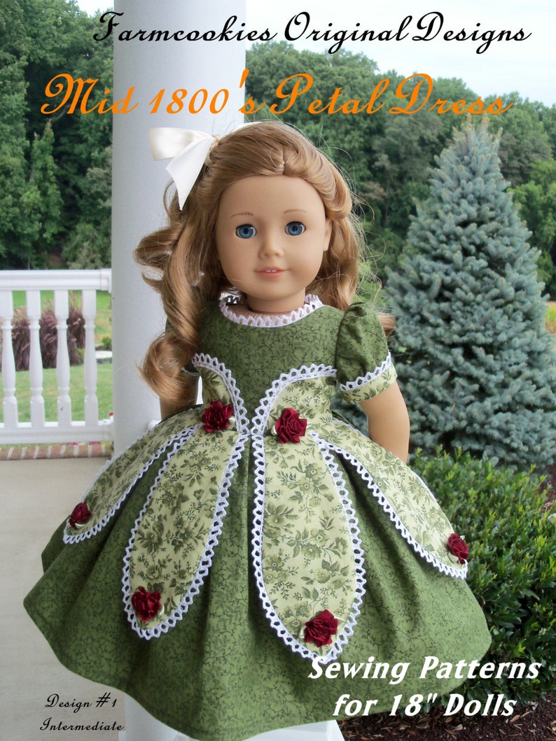 PRINTED SEWING PATTERN for 18 Inch Doll Clothes / Historical 1850's Petal Gown by Farmcookies / Fits American Girl® or Other 18 Dolls image 1