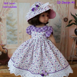 May include: A doll wearing a floral print dress and matching hat. The dress is white with purple flowers and a white lace hem. The hat is adorned with purple roses and ribbons. The text on the image says "Farmcookies Designs" and "Love in Bloom".