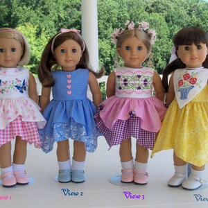 May include: Four dolls wearing different dresses. The doll on the left is wearing a pink and white dress with butterflies. The doll in the middle is wearing a blue and white gingham dress. The doll on the right is wearing a yellow dress with a floral design. The doll in the back is wearing a pink and purple dress with a floral design.
