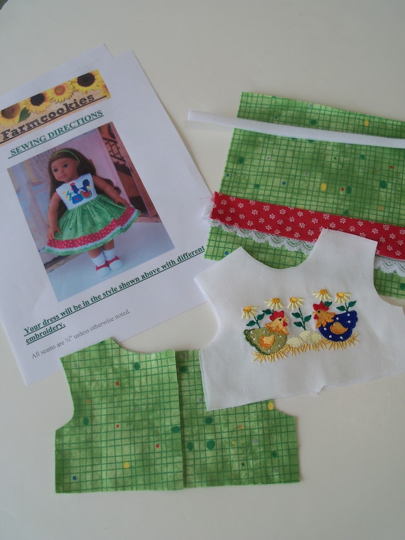 18" Size /COMPLETE SEWING KIT for 18 Inch Doll Clothes / Farmcookies Embroidered Spring Dress Kit / Fits Like American Girl Doll Clothes