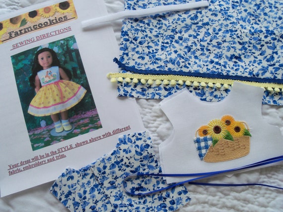 18" Size /COMPLETE SEWING KIT for 18 Inch Doll Clothes / Farmcookies Embroidered Summer Dress Kit / Fits Like American Girl Doll Clothes