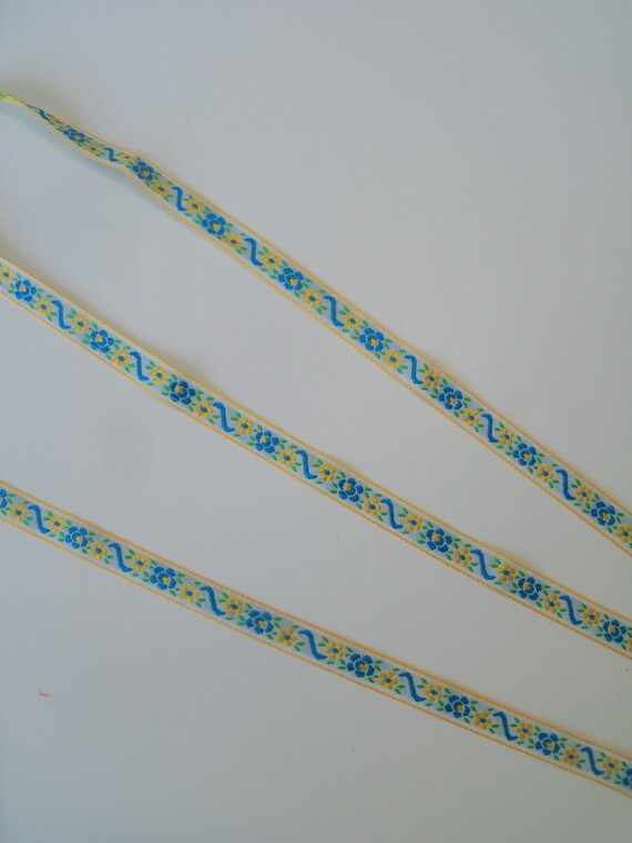 END OF BOLT!! 2 yards 1/2" wide Yellow and Turquoise Jacquard Ribbon for Doll Clothes
