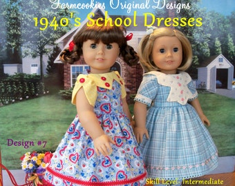 WZÓR DO SZYCIA PDF / Sukienki szkolne z lat 40. XX wieku firmy Farmcookies / Pasuje jak ubranka dla lalek American Girl® o długości 18 cali / Wzór na ubranka dla lalek