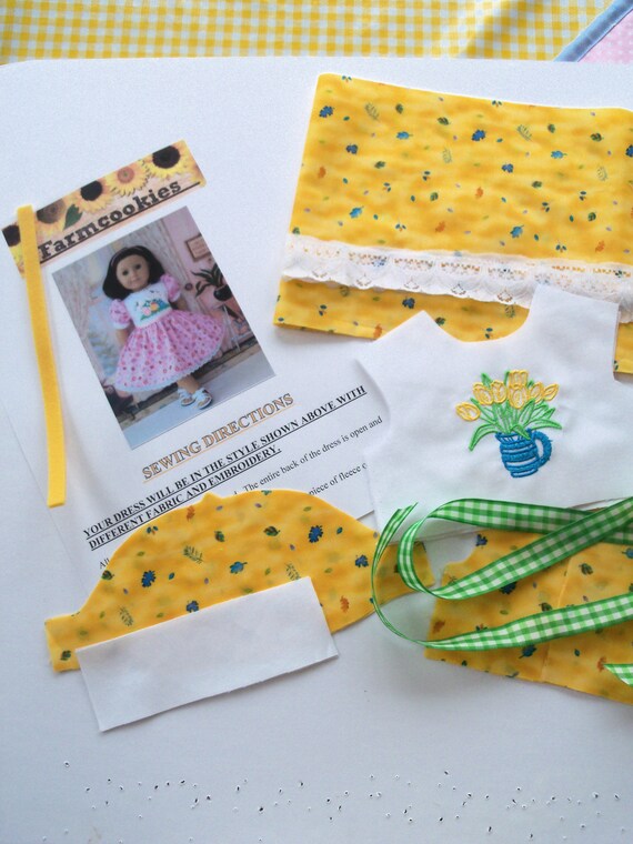 18" Size /COMPLETE SEWING KIT for 18 Inch Doll Clothes / Farmcookies Embroidered Spring Dress Kit / Fits Like American Girl Doll Clothes