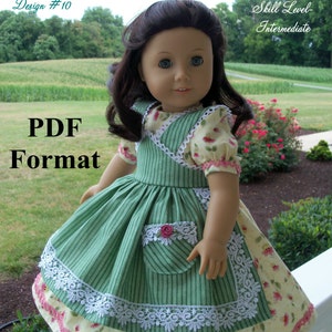 May include: A sewing pattern for an 18-inch doll apron dress in a green and white striped fabric with a lace trim. The pattern is called "Mid-1800's Apron Gown" and is designed for intermediate skill level. The pattern is available in PDF format.