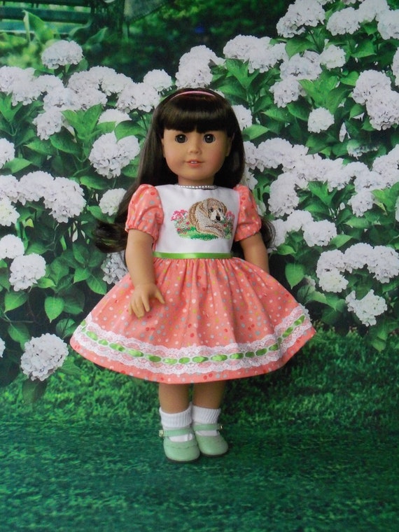 Fits Like American Girl Doll Clothes / Embroidered Spring Puppy Dress by Farmcookies /18 Inch Doll Clothes For American Girl
