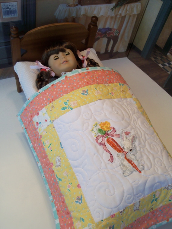 Farmcookies Embroidered Keepsake Bunny Heirloom Quilt for 18" American Girl Doll / Like American Girl Doll Clothes and Bedding