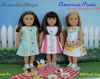 ¡NUEVO! Patrón de costura PDF / Picnic americano / Patrón de vestido de verano para American Girl® u otras muñecas de 18"