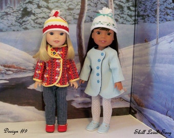 May include: A sewing pattern for 14-inch dolls, featuring two dolls wearing winter outfits. The doll on the left is wearing a red and yellow patterned jacket, blue jeans, and a red and white hat. The doll on the right is wearing a light blue coat, white tights, and a light blue hat with white trim. The pattern is titled "A Wellie Cold Winter" and is labeled "Design #9" and "Skill Level Easy".