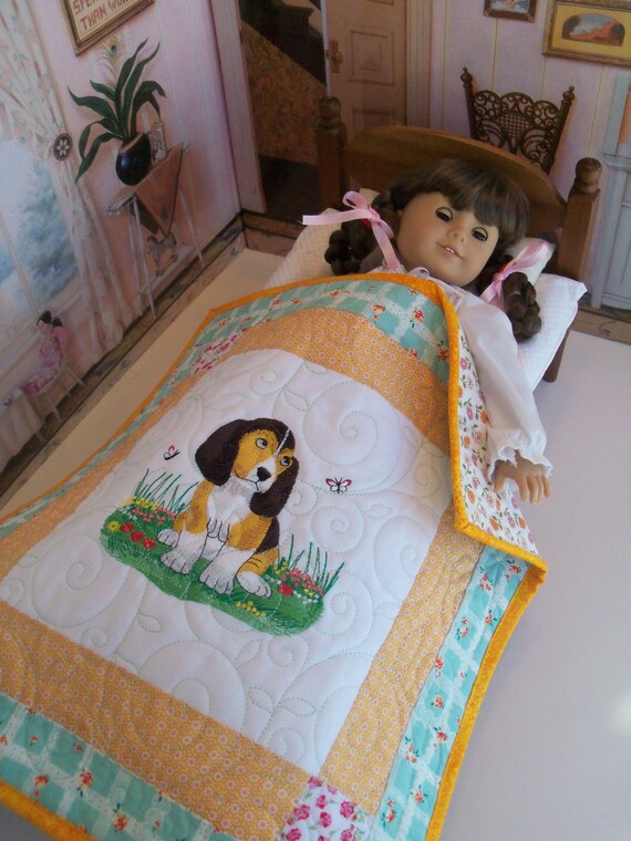 Farmcookies Embroidered Keepsake Puppy Love Heirloom Quilt for 18" American Girl Doll / Like American Girl Doll Clothes and Bedding