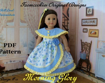 Puede incluir: Un patrón PDF para un vestido de muñeca llamado "Morning Glory" con estampado floral azul y amarillo. El vestido tiene un cuello con volantes y una faja amarilla. El patrón es para un nivel de habilidad intermedio.