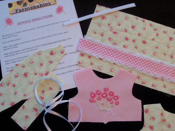 18" Size /COMPLETE SEWING KIT for 18 Inch Doll Clothes / Farmcookies Embroidered Spring Dress Kit / Fits Like American Girl Doll Clothes