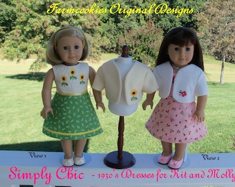 May include: Two dolls wearing dresses and a white bolero jacket on a stand. The left doll wears a white bodice with sunflower embroidery and a green skirt. The right doll wears a pink floral dress with a white bolero. Text reads Farmcookies Original Designs.