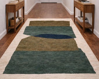 Hand Tufted New Zealand Wool Area Rug, Green Abstract Color Block Design
