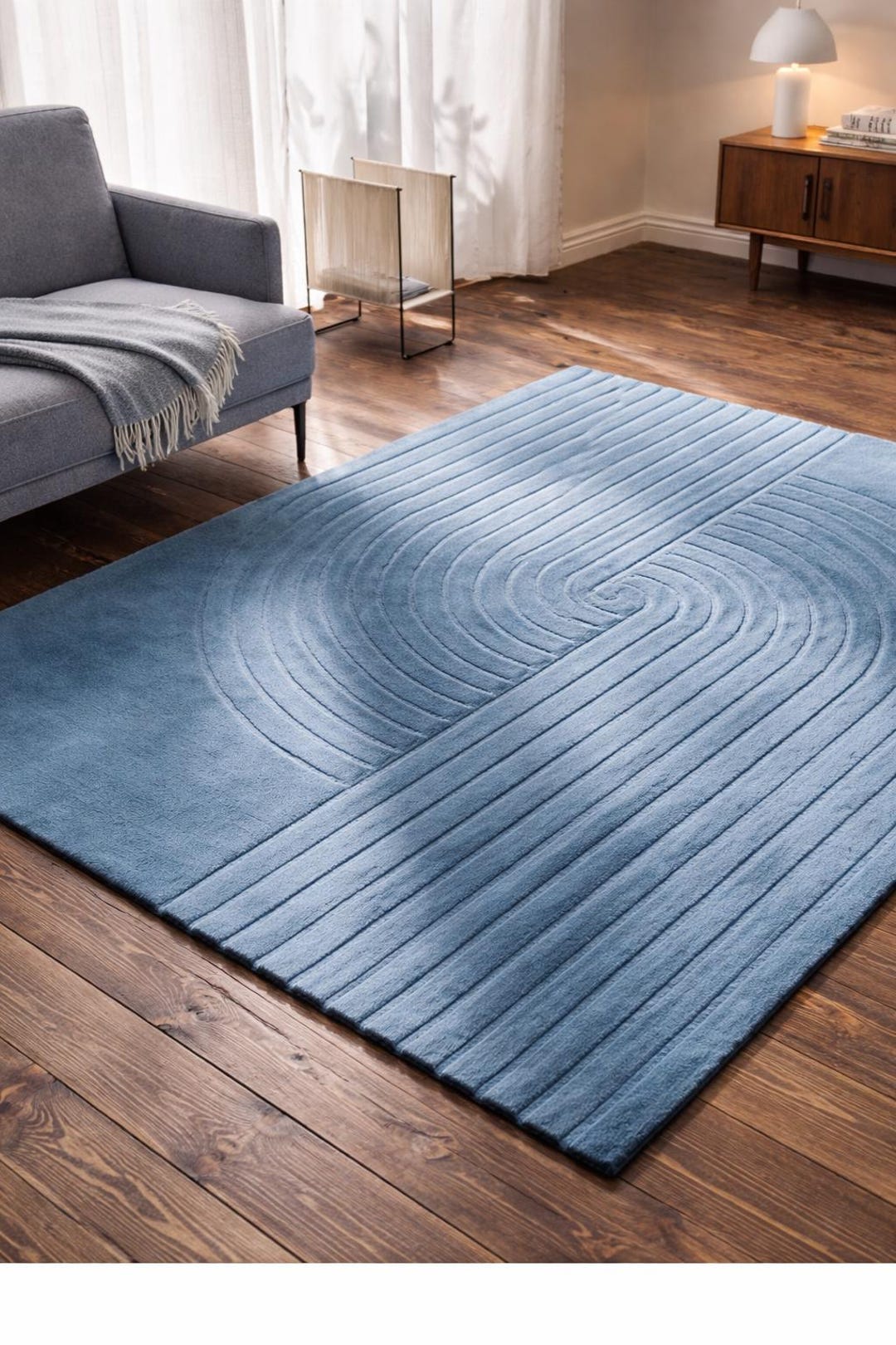 Blue Sculpted Wool Rug | Modern Geometric Area Rug | Hand Tufted New ...