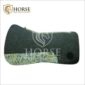 May include: A dark gray felt saddle pad featuring a light-colored floral pattern along the bottom edge and a circular black patch on the right side. The top left corner displays a logo with a horse head and the text HORSE EQUESTRIAN ELEGANCE.