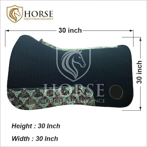 May include: A black saddle pad featuring a green and black bull skull pattern along the bottom edge, a circular leather patch, and the text HORSE EQUESTRIAN ELEGANCE. The pad measures 30 inches in width and 30 inches in height as indicated.