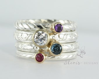 Gemstone Stacking Rings | 14K Gold and Sterling Silver | Mothers Ring | Family Ring | Custom made Jewelry