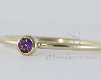 Amethyst Gold Ring | February Birthstone 14K Solid Yellow Rose Pink White Gold Stacking Ring | Mother's Family Ring, Custom Made Jewelry