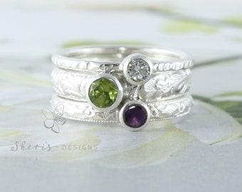 Birthstone Mother's Rings | 3 Stone Sterling Silver Stacking Rings | Triple Stone Family & Mother's Rings | Mother's Day Gift | Custom made